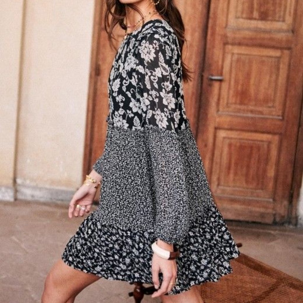 Sezane Black Floral Mix-Print Mini Dress